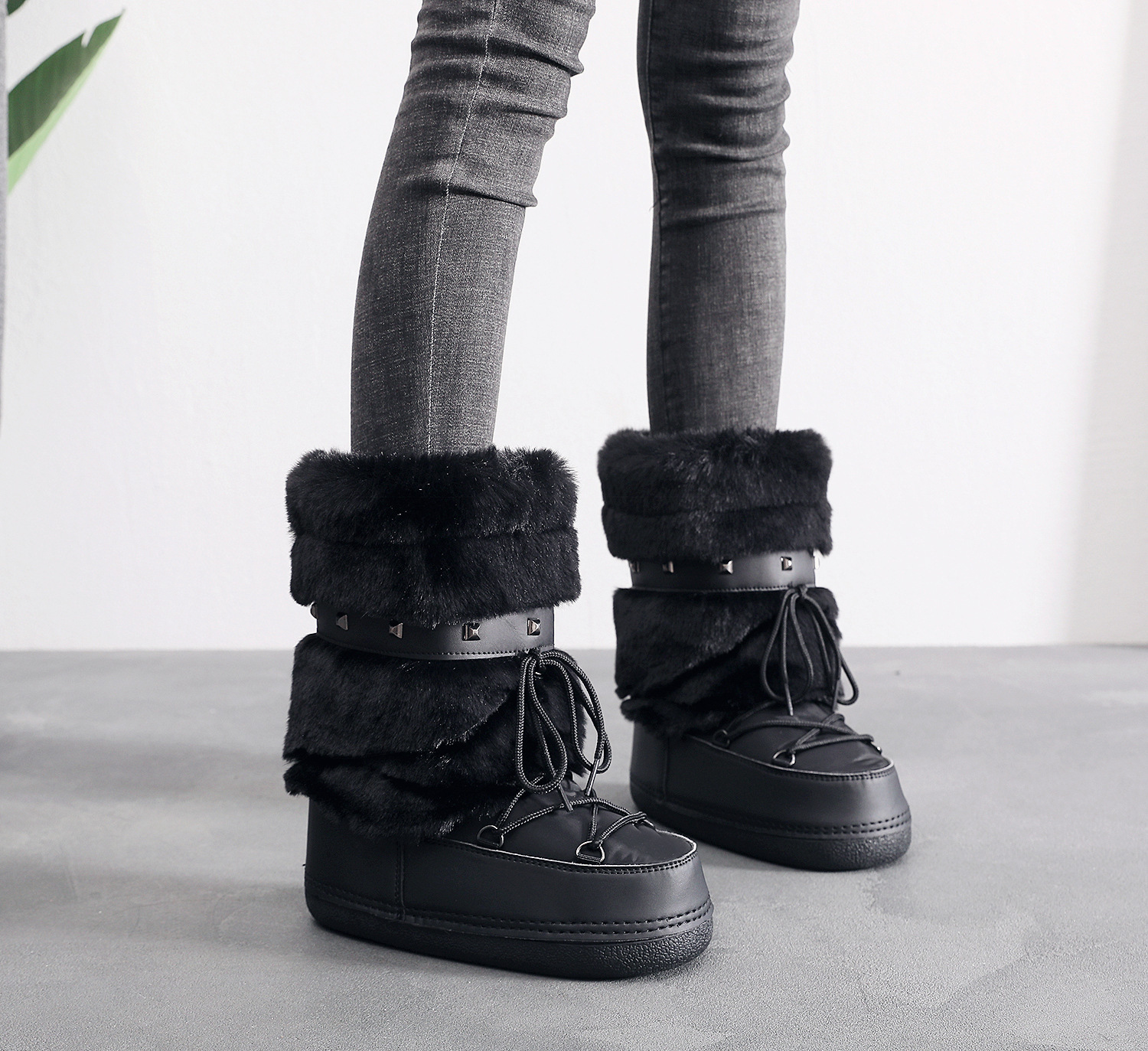 Womens artificial fur leather boots with middle claw strap waterproof platform snow boots for winter warm and comfortable womens pink ski boots 241113