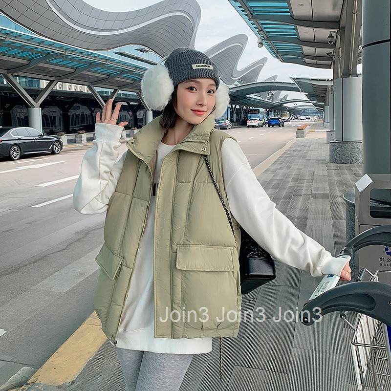 Autumn Winter New Korean and Japanese Style Plus Size Womens Down Cotton Vest with Large Pockets and Stand Collar Mid-Length