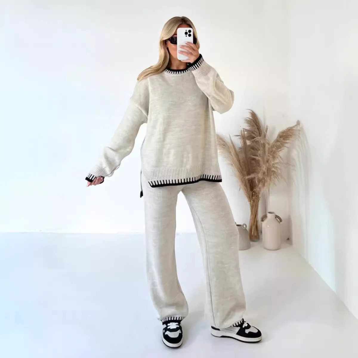 Women Knitting 2 Piece Set Casual Loose O Neck Pullover Top Wide Leg Pants Two Outfits Fashion Color Matching Home Suit 250729