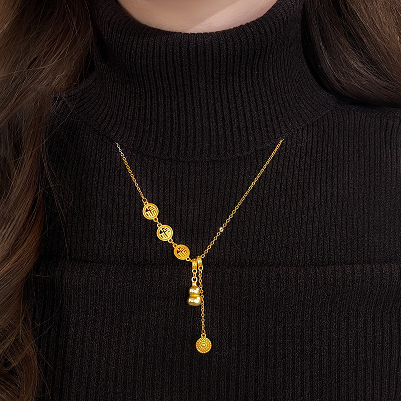 Traditional Gold-Plated Gourd Fortune Character Lucky Round Pendant Sweater Necklace for Women 2025 New Style Elegant Accessories Jewelry for Women