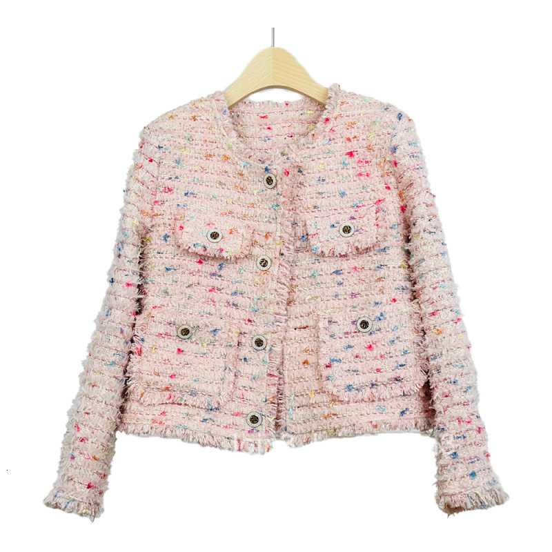Autumn Winter Floral Tweed Jacket Fashionable Youthful Tassel Tweed Round Neck Elegant Long Sleeve Short Jacket for Women
