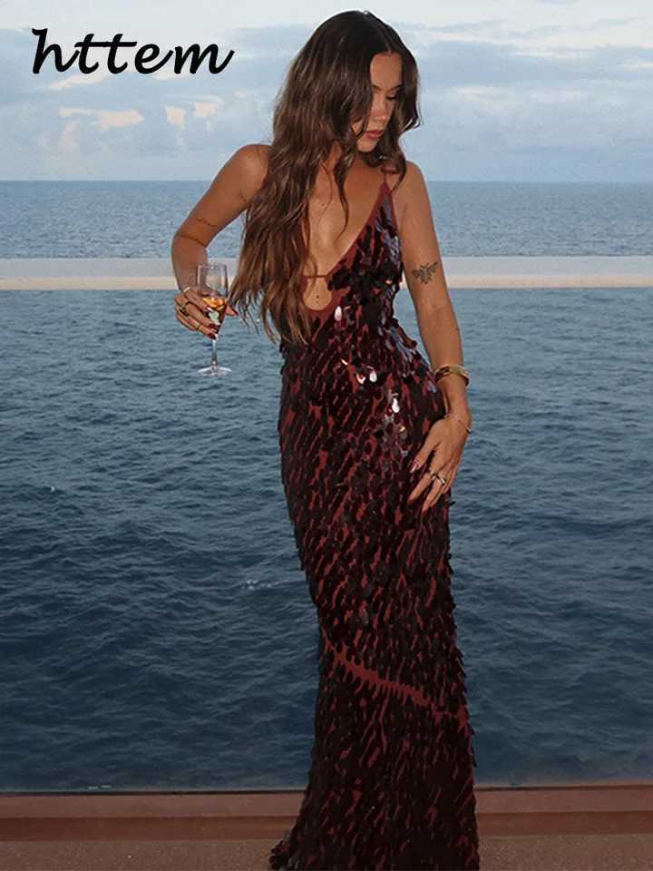 Sexy Hollow Out Sequined Long Party Dress Women V-neck Sleeveless Backless Sling Dresses 2025 Summer Lady Beach Holiday Dresses Z250728