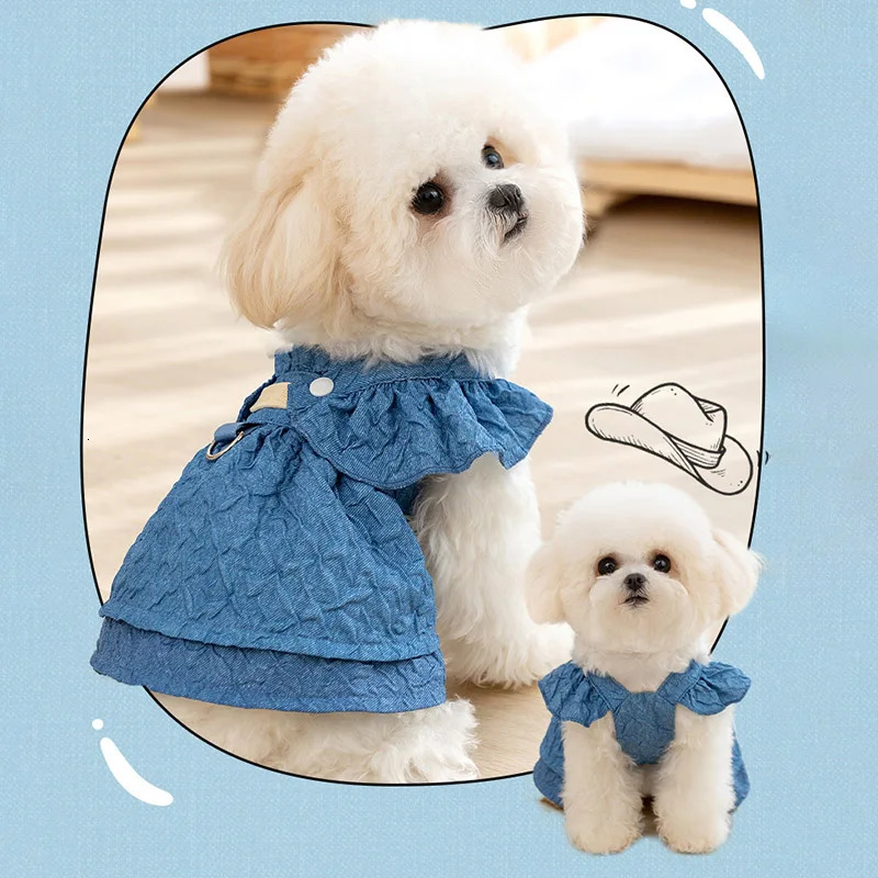 Denim Dog Dresses for Small Dogs Puppy Girl Clothes with Leash Ring Flying Sleeves Summer Cat Apparel Blue Chihuahua Outfits 250729