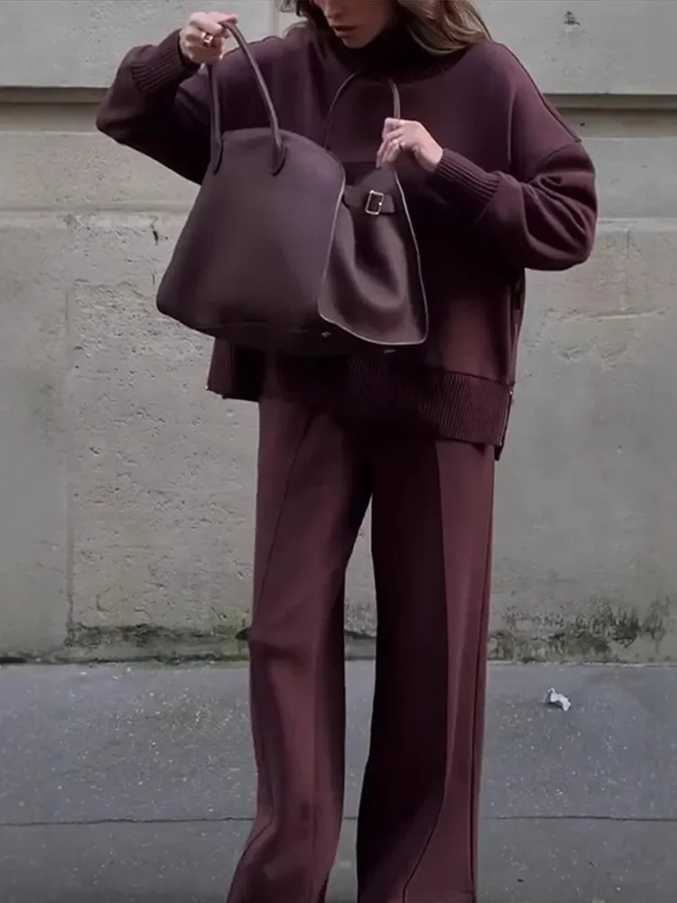 Elegant Knitted Sweater Pants Set for Women Zipper Turtleneck Long Sleeve Tops Wide Leg Trousers Spring Casual Loose Outfits 250729