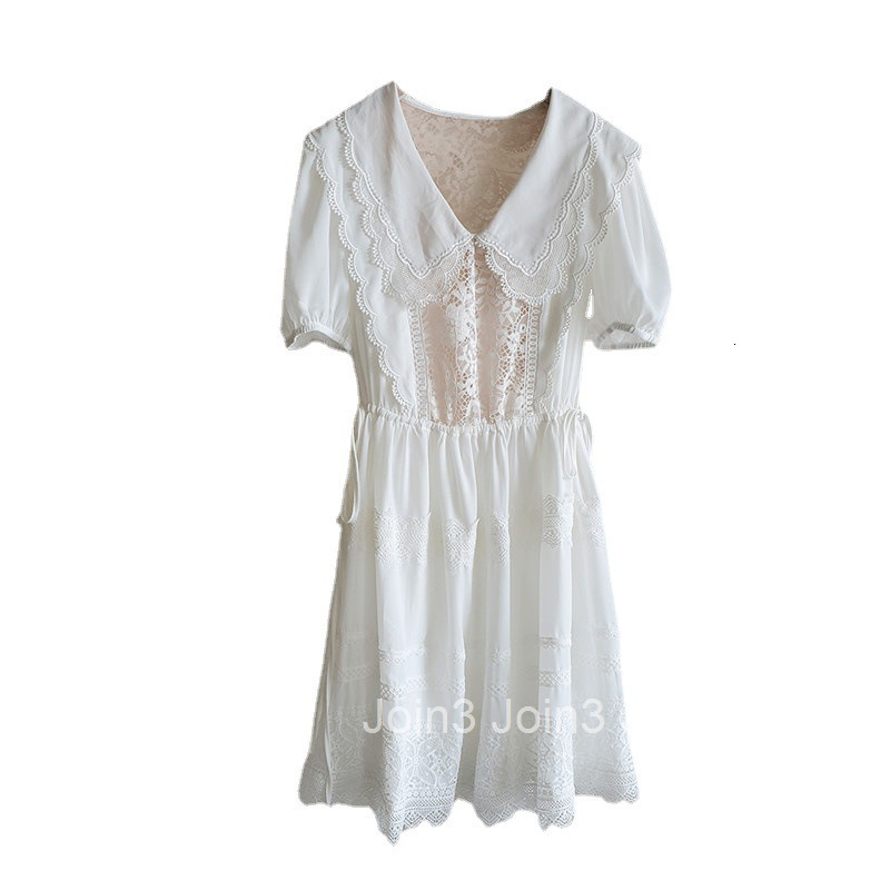 French Style Elegant Heavy Craft Mid-Length Dress Summer New Fashion Slim Fit Doll Collar Hollow Short Sleeve Dress Nanyou