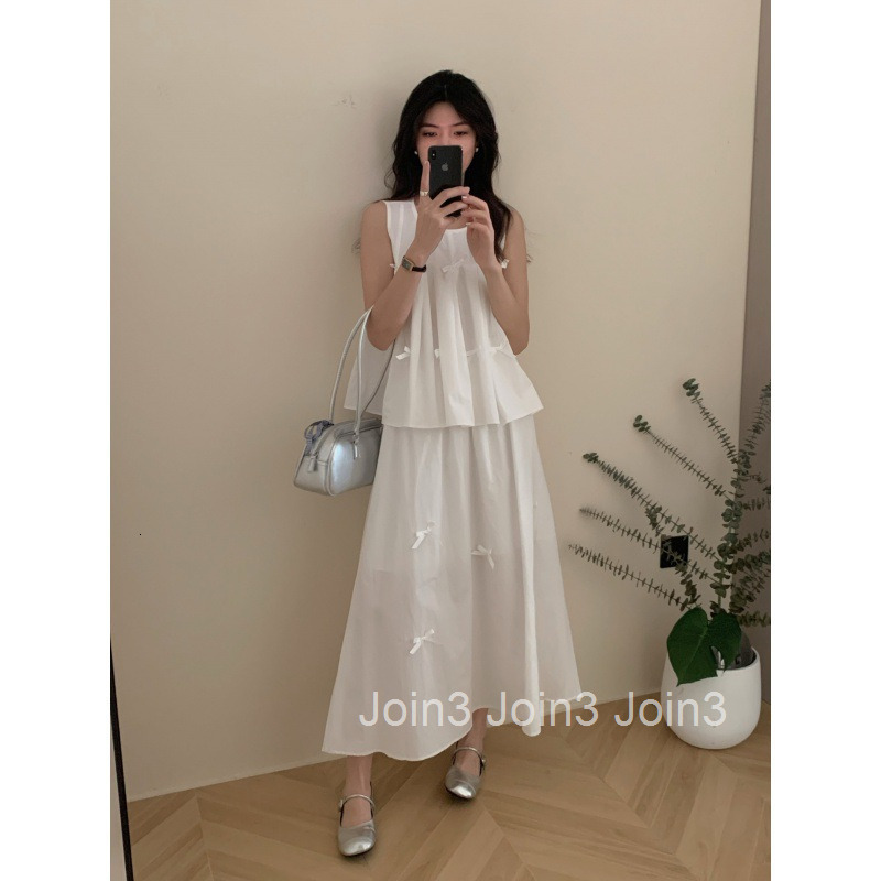 2025 Summer New Bowknot Decorated Casual Vest Sleeveless Top vs Half Skirt Long Skirt Set for Women