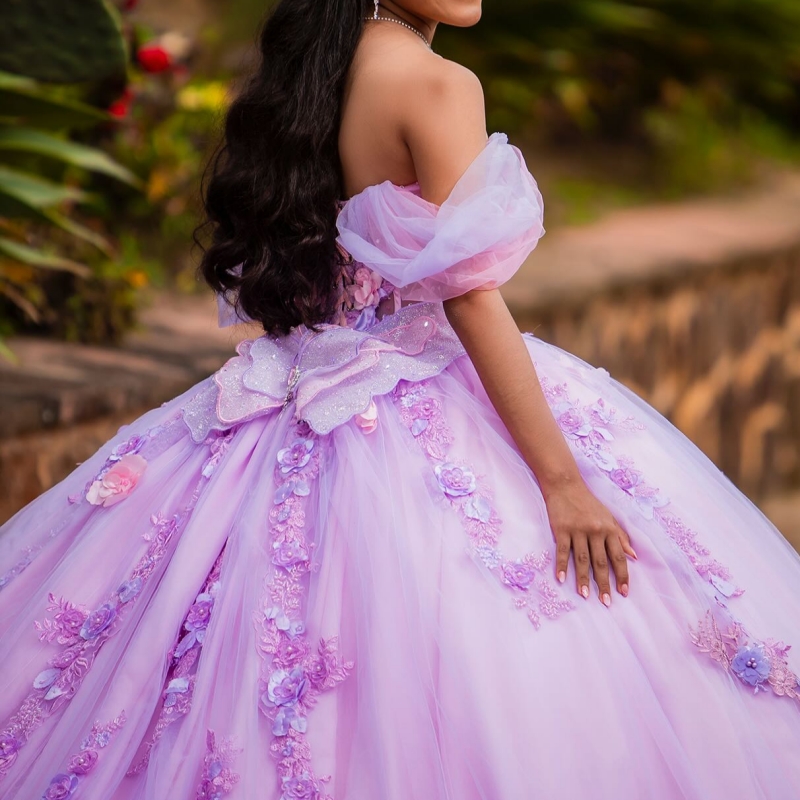 Lavender Quinceanera Dresses Off The Shoulder Appliques Flower Beads Tull Ball Gown Pink Lining Vestidos De 15 Anos Sweet 16 Dress