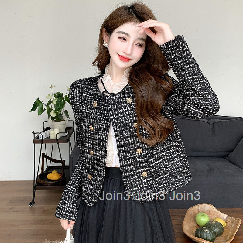 Autumn Winter New Socialite French Style Tweed Round Neck Double-Breasted Long Sleeve Short Coat Womens Top