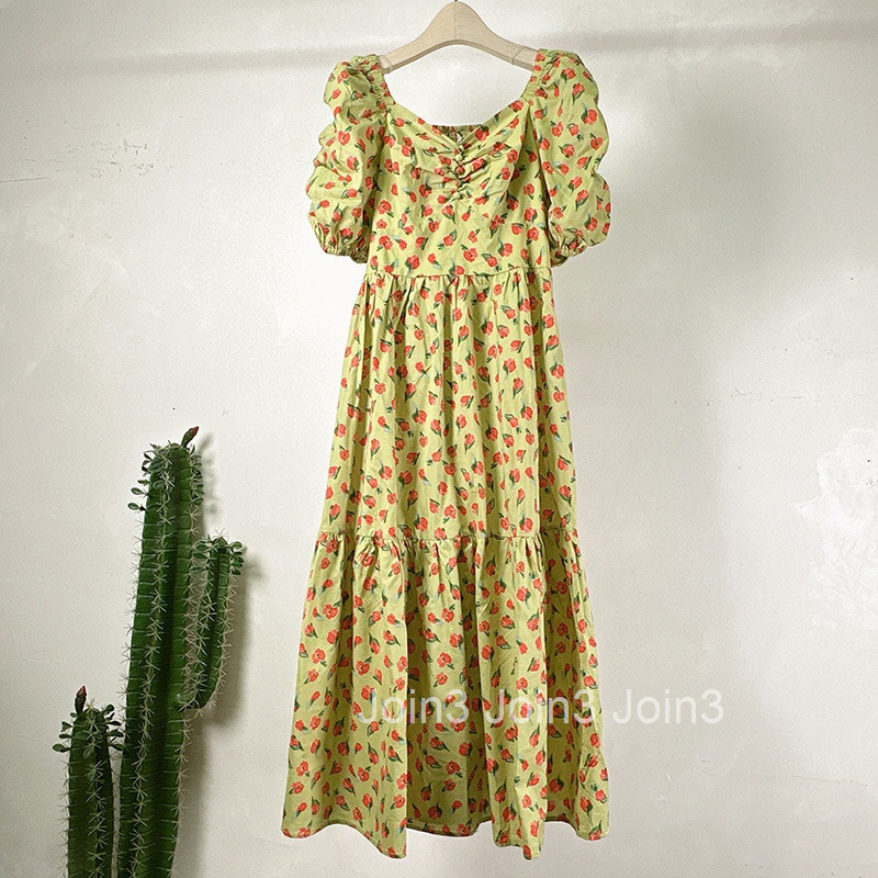 Summer New French Style Small Floral Dress V-neck High Waist Short Sleeve Printed Midi Dress