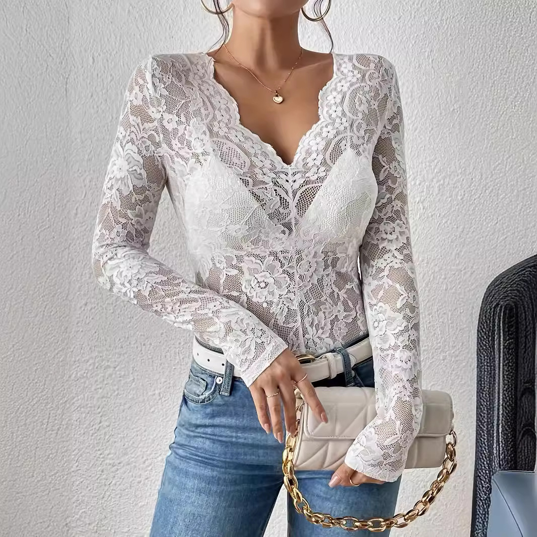 2025 Spring New Sexy Single layer Flower Lace Fan shaped Decoration Bottom Small Shirt Top for Women
