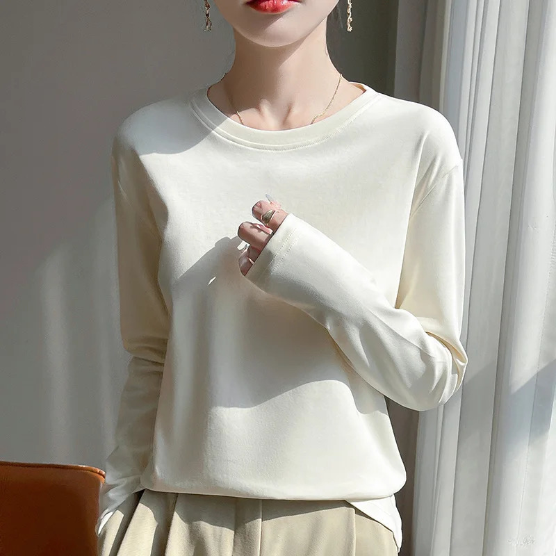 100% Cotton Bottoming Tshirt Womens Round Neck Loose Long Sleeve Mercerized for Spring and Summer 250729