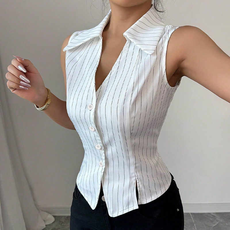 Womens clothing 2025 summer new style temperament striped sleeveless shirt slim fit shirt cardigan top
