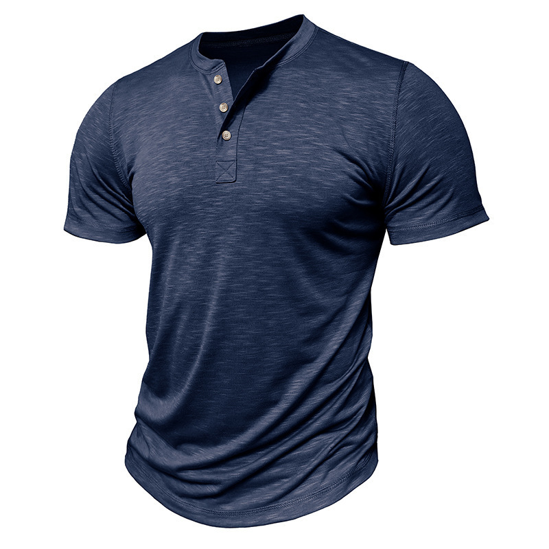 2024 Summer New Short Mens Solid Color Bamboo Henley Shirt American Style Mens Fashion T-Shirt