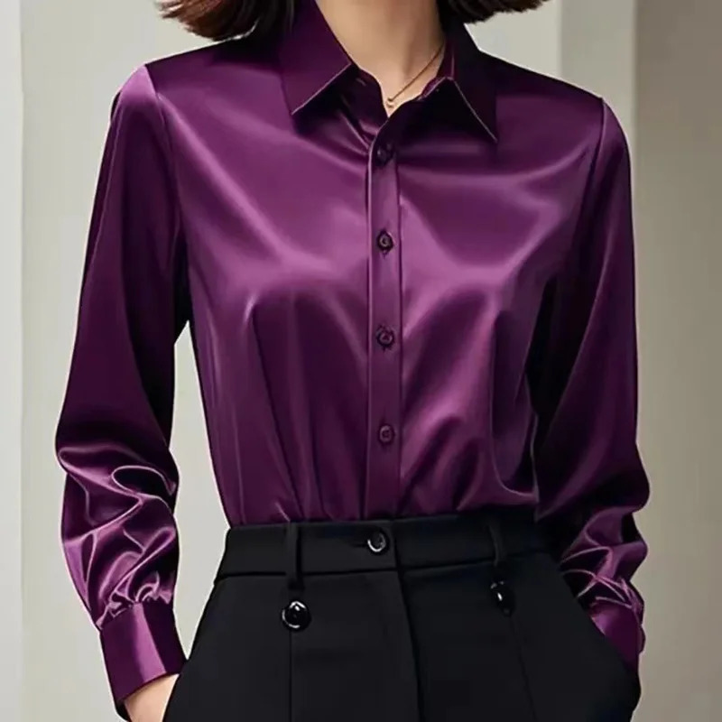Allmatch Satin Finish Shirts Blouse Clothing Casual Top Female OL Long Sleeve Button Elegant French Solid Blouses 250724