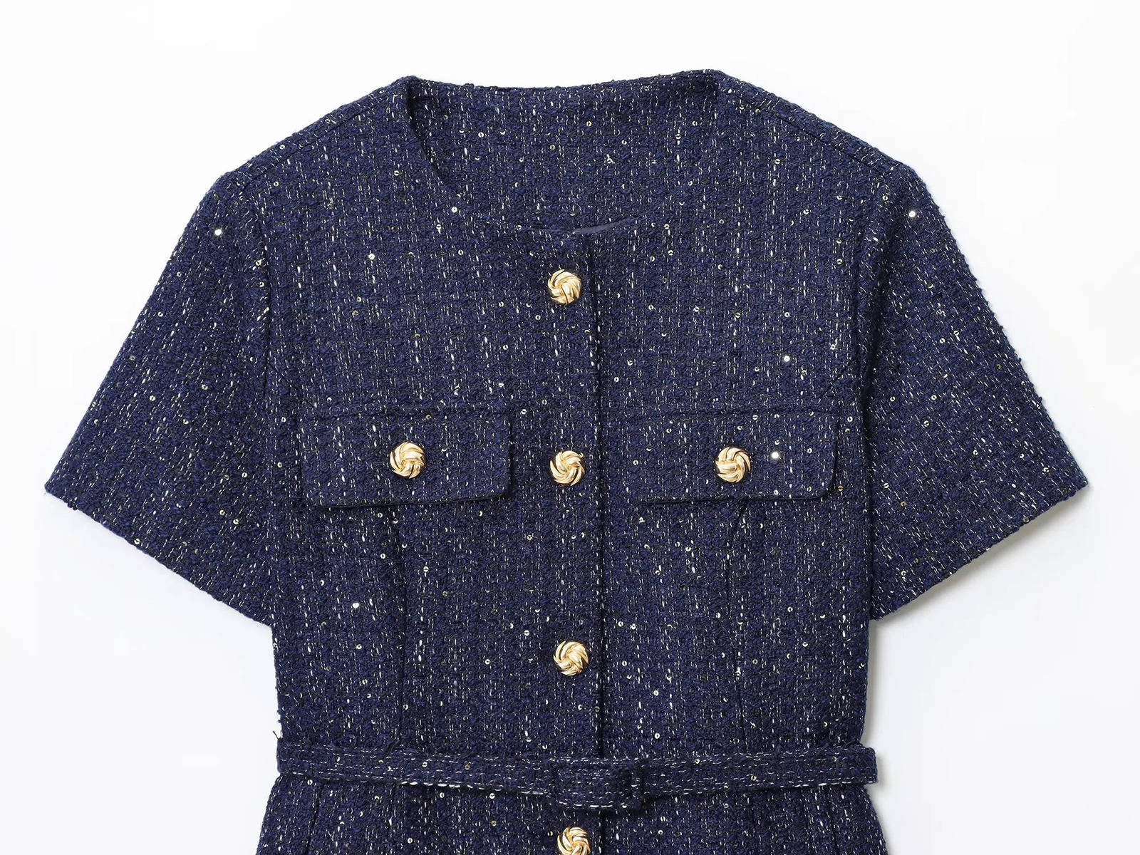 Autumn Womens Wear Gold Button Decoration with Belt Straight Round Neck Short Sleeve Fashion Jacket 250729