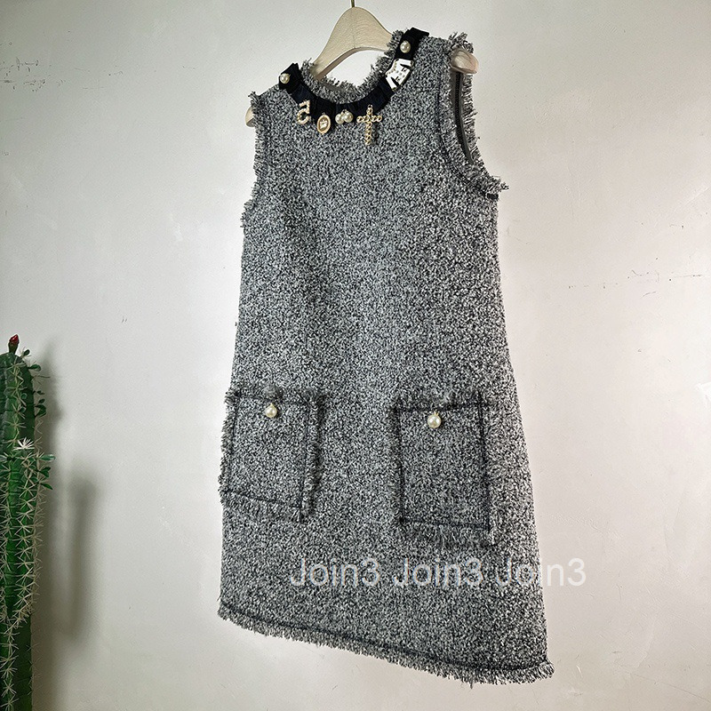 Winter Spring Summer New French Style Tweed Loose Simple Base Tank Dress Sleeveless Dress Short Dress