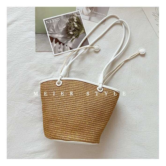 Korean Style INS Straw 2025 New Patchwork Woven Basket Beach Versatile Textured Shoulder Bag