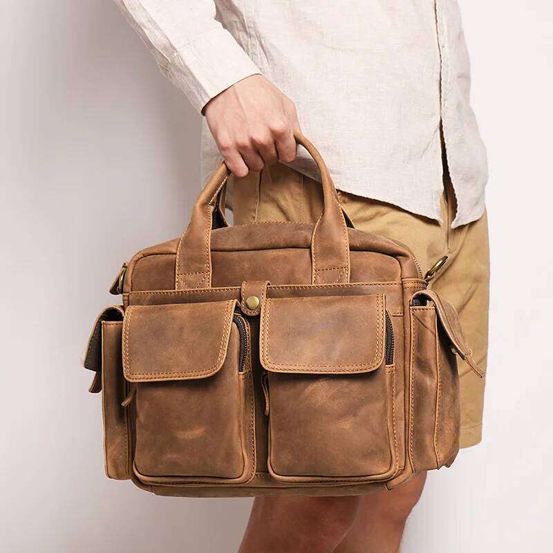Highend Vintage A4 Brown Black 100% Genuine Leather Executive Office Men Briefcase Messenger Bag Portfolio Handbag M1636