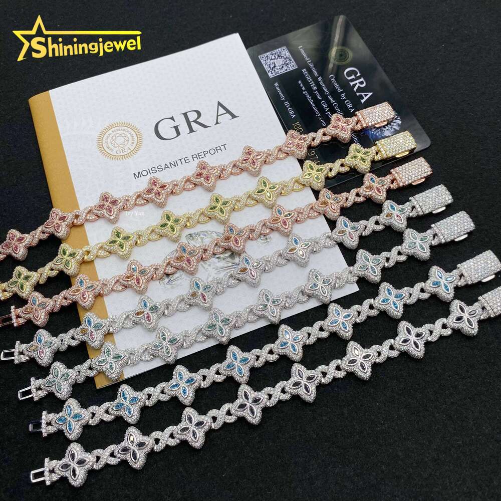 Colorful Marquise Flower Design 15mm Custom Iced Out Hip Hop Jewelry Cuban Link Chain Sier VVS Moissanite Bracelet