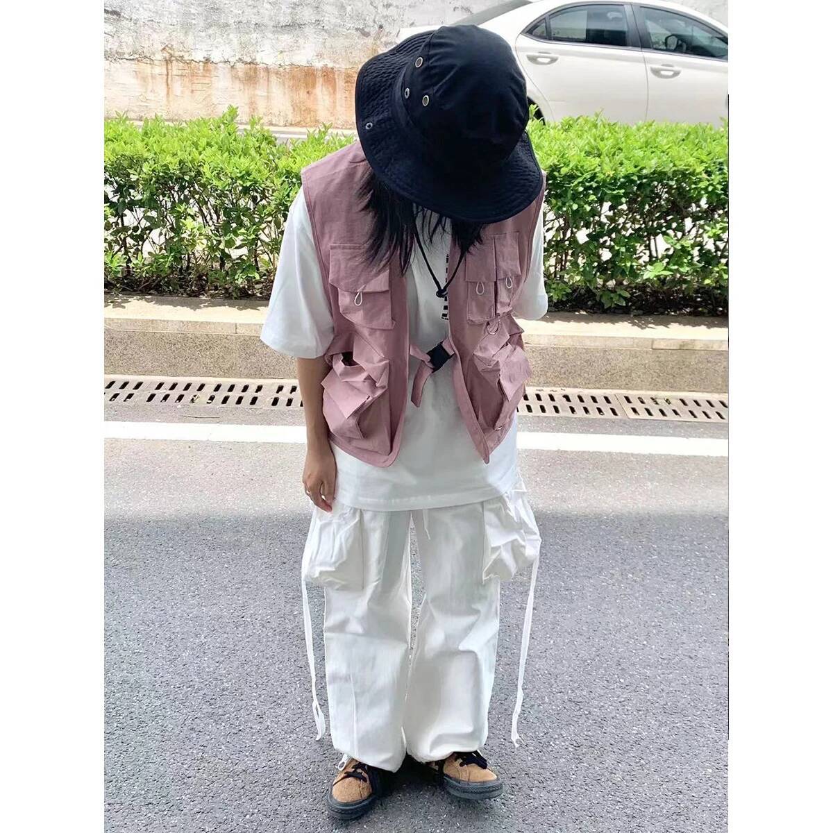 Oversized Pink Vests Multi-Pocket Sleeveless Cargo Jackets Men Military Style Hip Hop Y2k Streetwear Casual Clothes