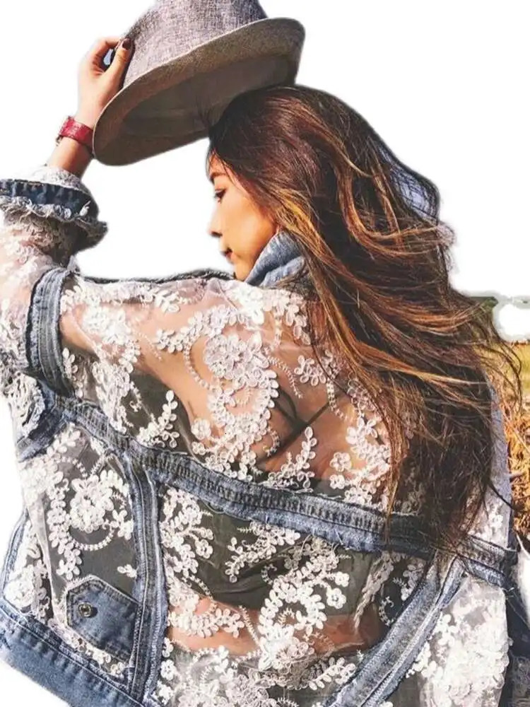 XFPV Women Sweet 3D Flower Embroidered Lace Spliced Loose Short Denim Sunscreen Coat Y2k Korean Fashion Summer 2025 SM11222 250728