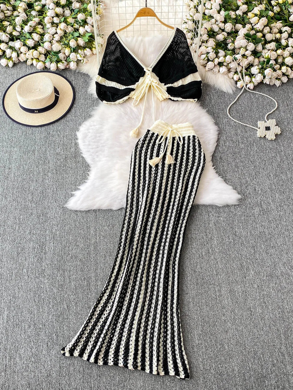 Summer Women Deep Vneck Short Sleeve Knitted Tops High Waist Lace Up Striped Long Wrap Skirt Twopiece Set 250729