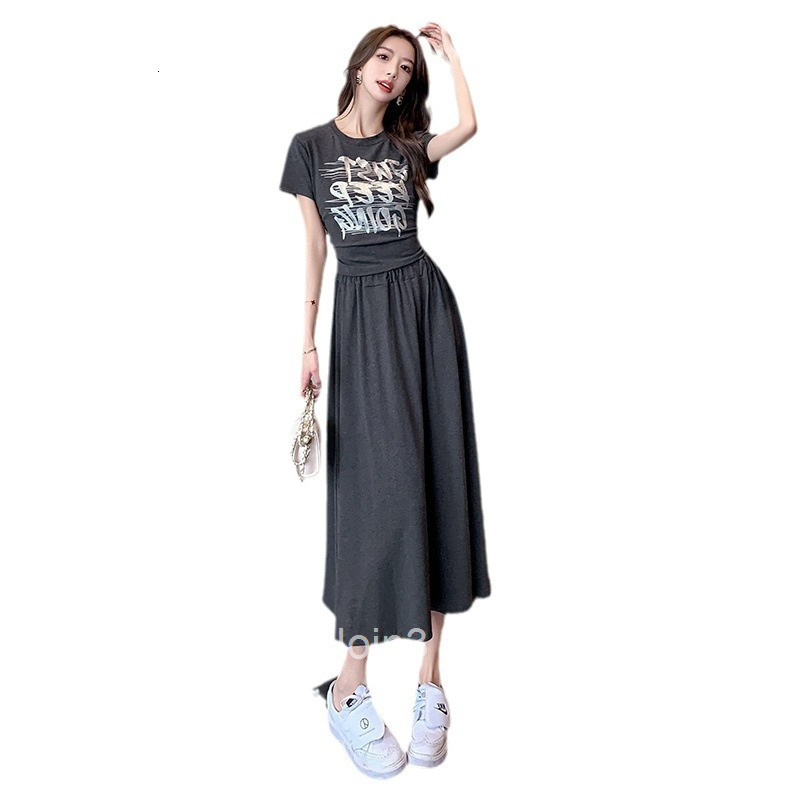 Summer Letter Print Back Hollow Out Short Slim Fit Short Sleeve T-Shirt Top + High Waist Half-Length Skirt Set