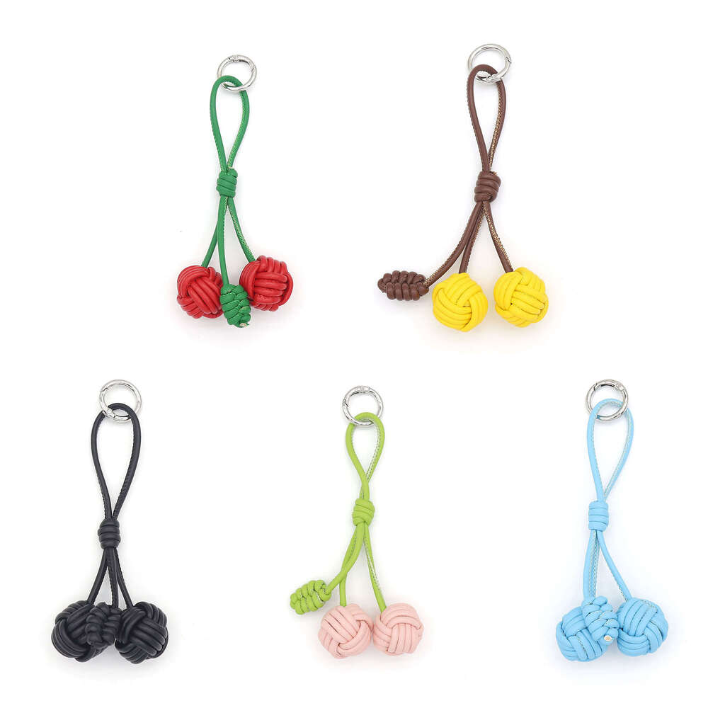 Purely Handmade DIY Color-Block Miu Style Woven Cherry PU Leather Double Ball Bag Pendant Keychain Accessory
