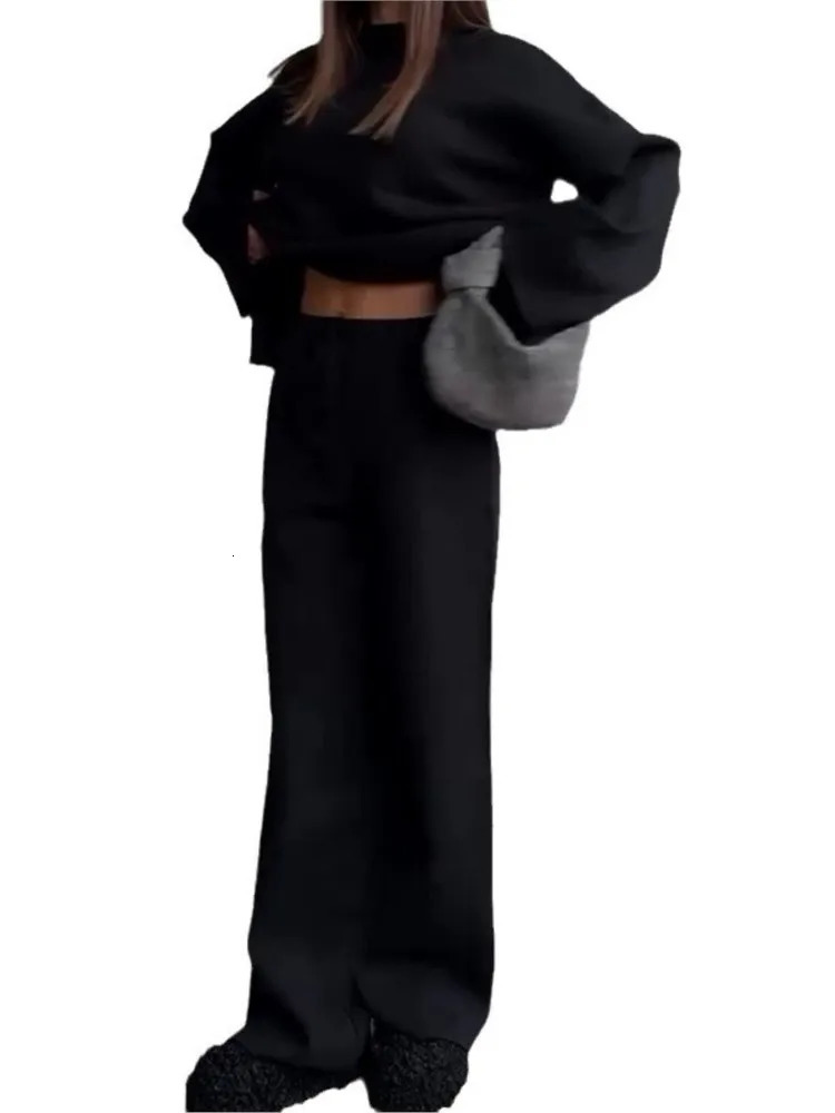 Solid Color Knitted Sweater Two Piece Set Women Fashion Loose O Neck Knitting Pullover Trousers Sets Female Simple Style 250729