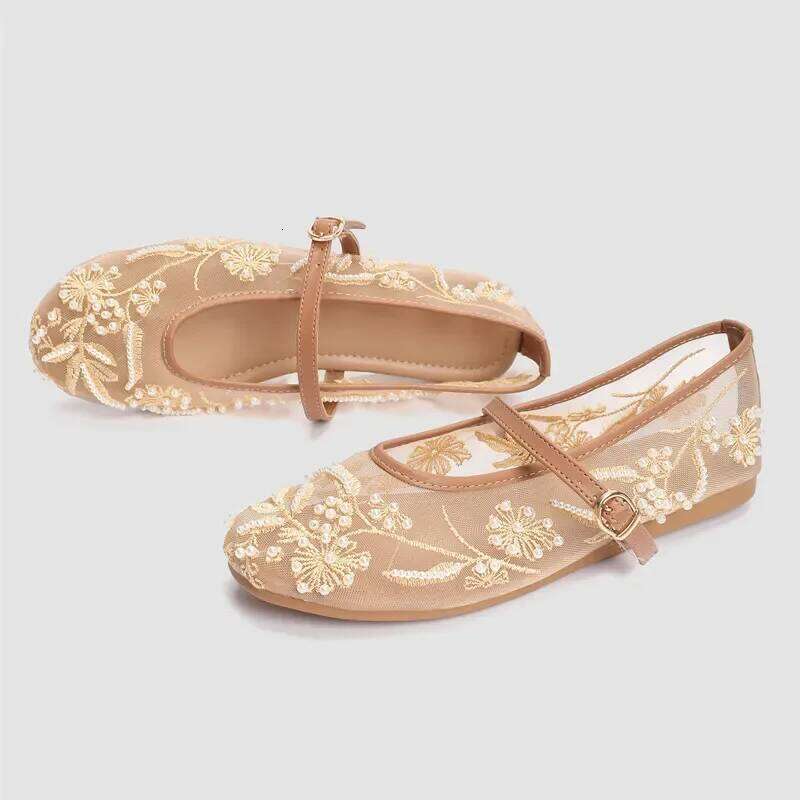 White Pearl Mesh Embroidery Ballet Flats Women Elegant String Bead Flat Sandals Light Summer Mary Jane Shoes Zapatos De Mujer