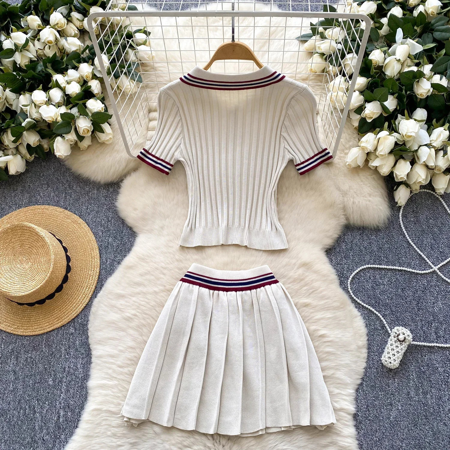 Korean College Style Knit 2pcs Suit Polo Neck Short Sleeve TopsPleated Skirt Women Summer Color Block Vintage Set 250729