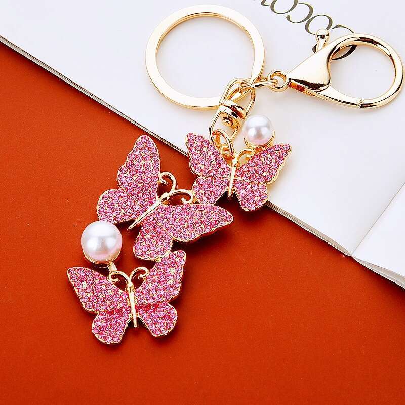 Inlaid Diamond Pearl Butterfly Car Women's Bag Pendant Keychain Metal Insect Ornament Gift
