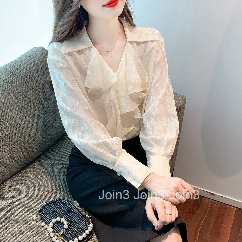 Spring and Autumn French Style Plus Size Womens Fashion Design Ruffled Blouse Chiffon Shirt Womens Blouse Shirt