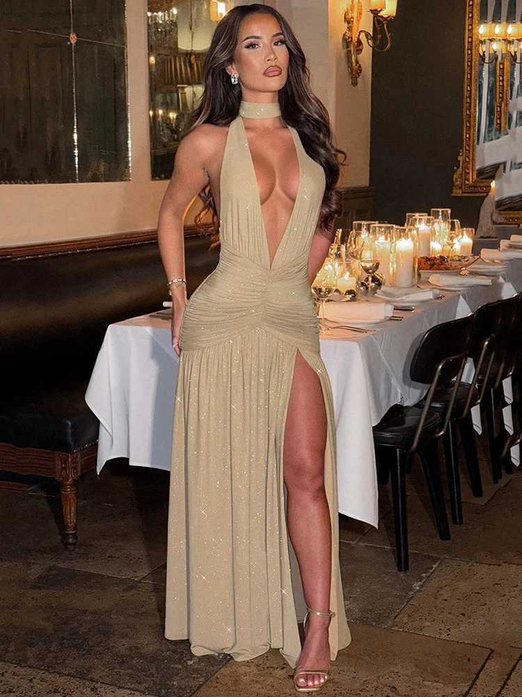 Mozision Glitter Deep V Neck Sexy Maxi Dress For Women 2025 Fashion Sparkle Halter Sleeveless Backless Split Club Long Dress Z250728