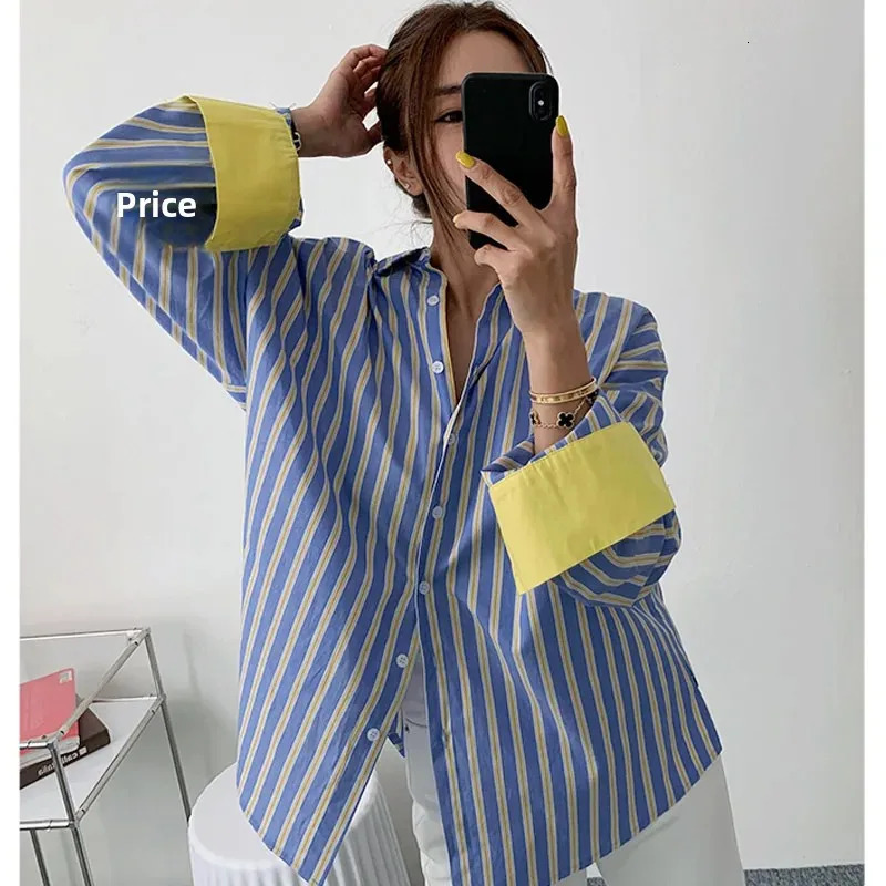 Spring Autumn Womens Fashion Color Blocking Striped Shirt Korean Style Loose Fit Slimming MediumLength Base Casual T 250729