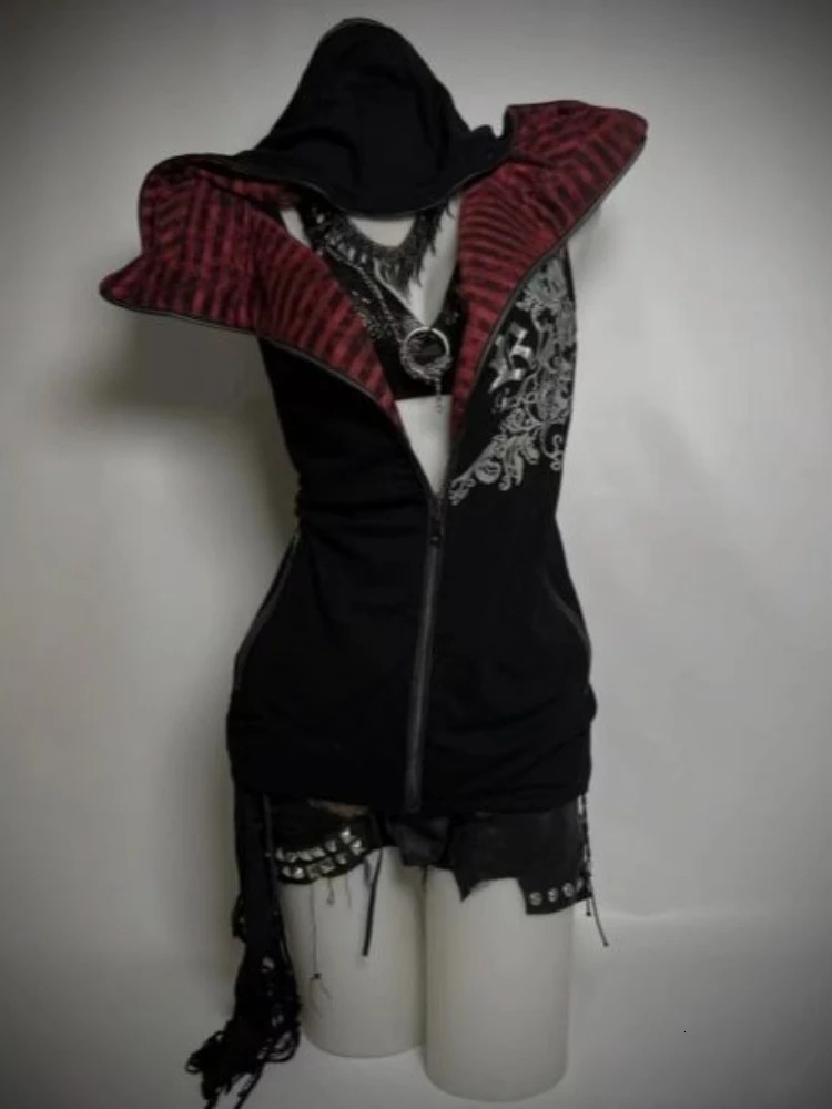 Dark Style Vintage Zipper Cardigan Tops Women Red Black Striped Hoodie Sleeveless Y2k Vest Aesthetic 90s Grunge Casual Clothing 250729