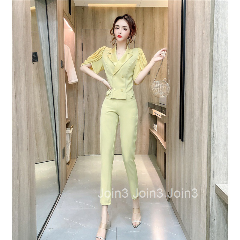 Summer New Fashionable Elegant Professional Two-Piece Set with Turn-Down Collar Double-Breasted Stylish Mid-Sleeve Top Slimming Long Pants Suit for Wo