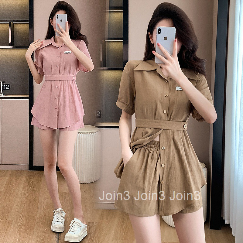 Summer New Plus Size Womens French Style Elegant Youthful Short Sleeve Shirt Dress Top + Shorts Two-Piece Set for Women