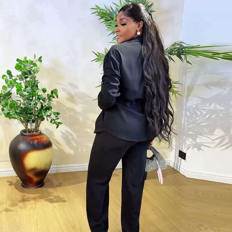 High-End Women's Suit Waist-Cinching Shirt And Black Pants Two-Piece Set For Women In Autumn B5