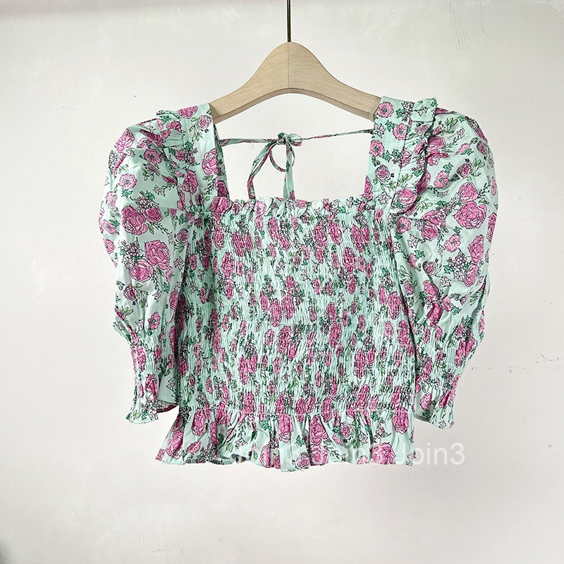 Summer New Korean and French Style Shirt Off-Shoulder Square Neck Two-Way Floral Print T-Shirt for Women Slimming Short Top