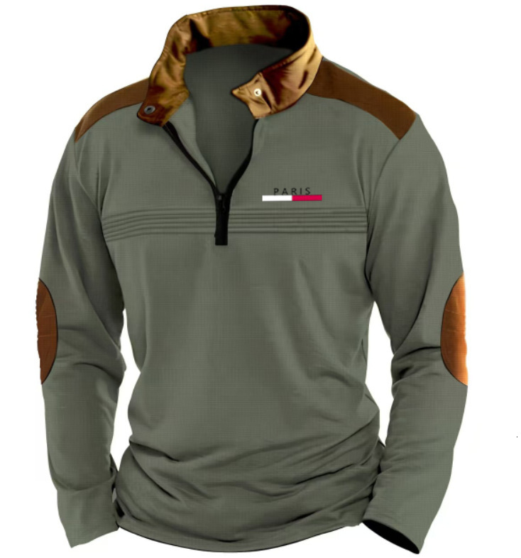 Spring and Autumn Fashion Mens Printed Polo Shirt Mens Zipper Wrinkled Long Sleeve Casual Sweatshirt