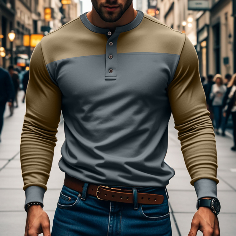 American Style Slim Fit Spring Autumn Commuter Henley Shirt Patchwork T-Shirt Long Sleeve American Casual Base Shirt for Men