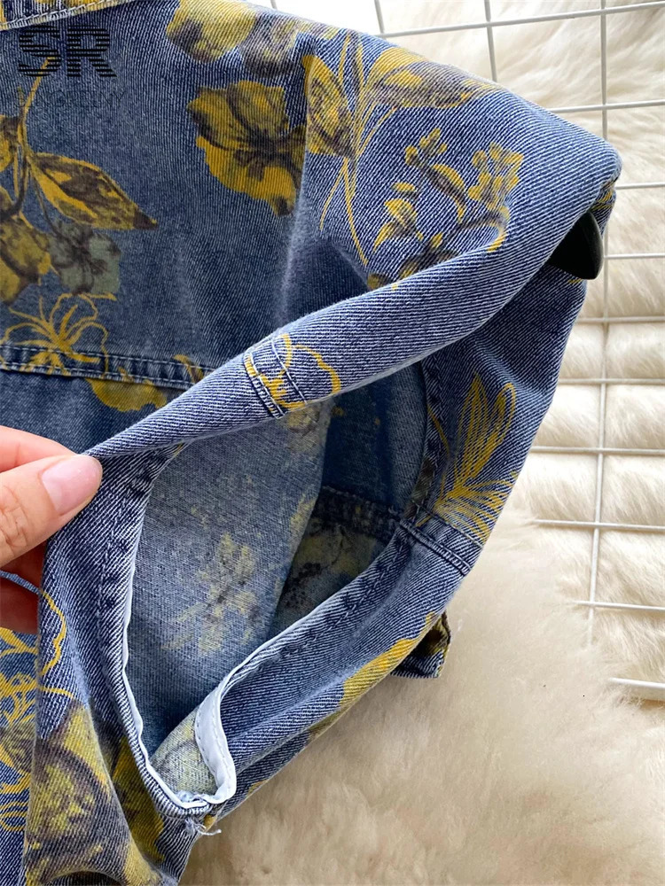 SINGREINY Vintage Print Denim Set Women Sleeveless Polo Neck Button Belt n TopsBodycon Skirt Streetwear Summer 2pcs Suits 250728