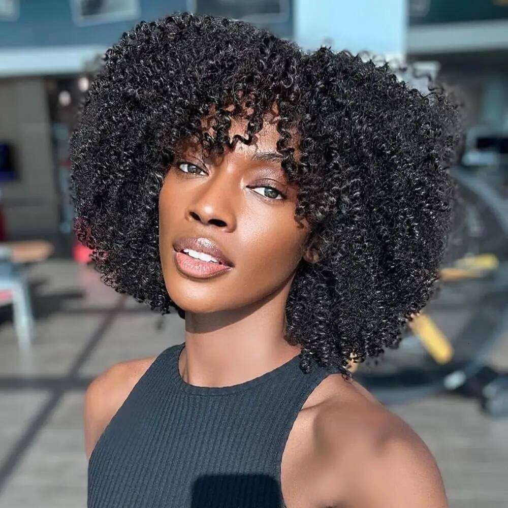 4A Afro Kinky Wigs With Bangs Short Curly Human Hair for Black Women 180% Density Full hine Made Wig