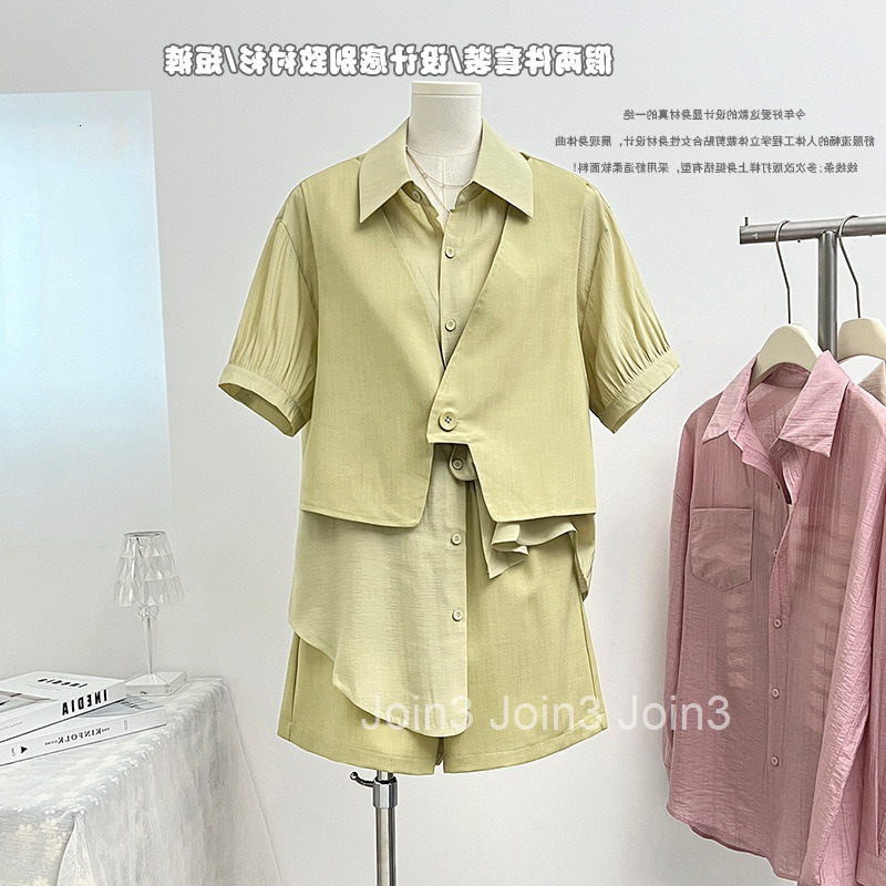 Summer New Design Sense Niche Casual Set for Women Fake Two-Piece Patchwork Short Sleeve Shirt Wide-Leg Shorts Two-Piece Set for Women