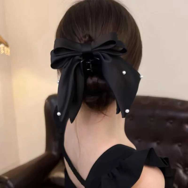 New Women Girls Sweet Pearl Satin Bowknot Hair Clip Simple Big Ribbon Bow Barrette Solid Color Scarf Hairpin Ponytail Clip Z250729