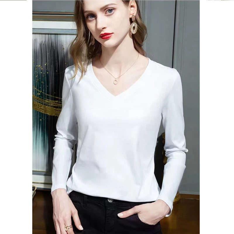 100% Mercerized Cotton VNeck TShirt Womens Long Sleeve Loose Plus Size Solid Color Base Shirt 250729