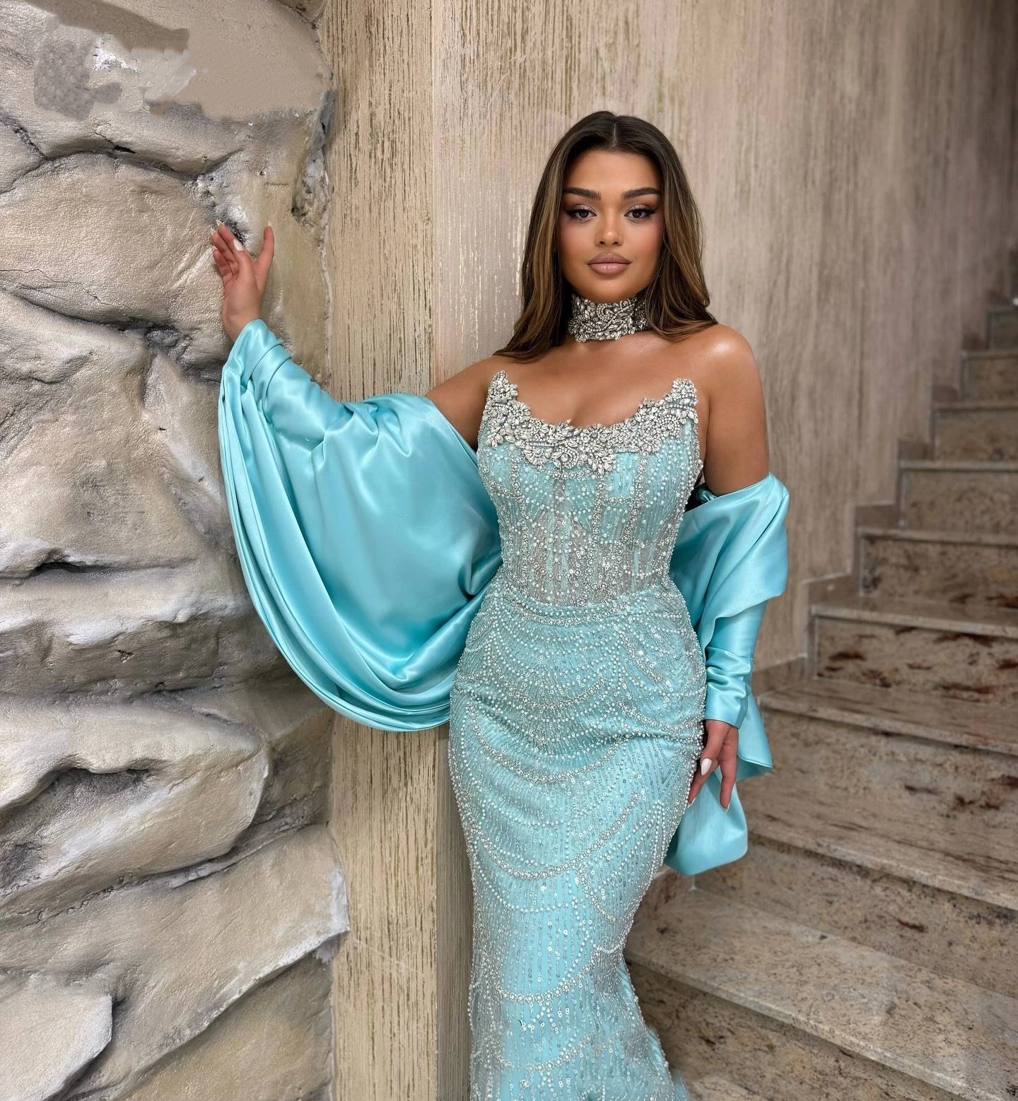 Modern Evening Dresses Strapless Beading Prom Dress Rhinestone with Detachable Shawl Crystal Sequins Mermaid Party Gowns Vestidos De Noche Plus Size