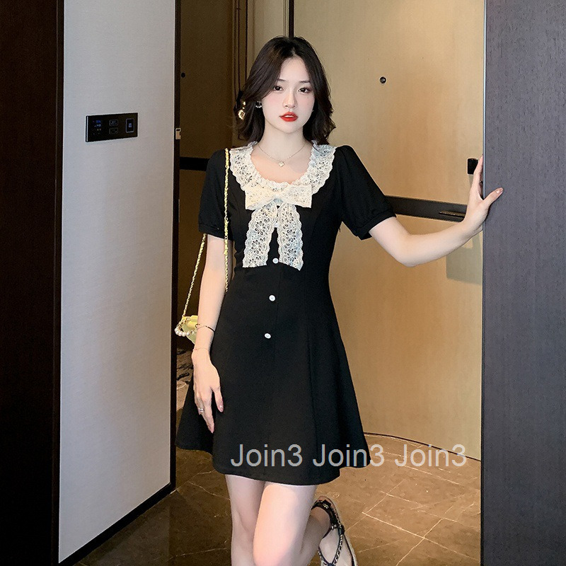 Summer New Round Neck Sweet Lace Bow Slim Fit High Waist Short Sleeve Dress A-line Short Skirt