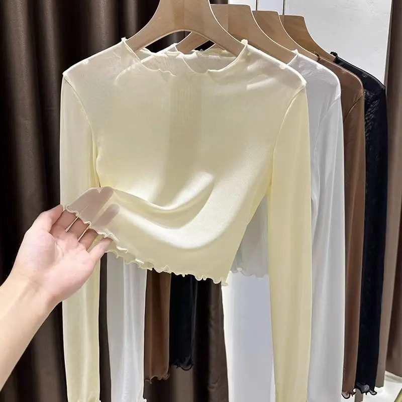 1pcs Spring Autumn Sexy Women TShirt See Through Transparent Mesh Lace Tops Long Sleeve Sheer Slim Ladies RoundNeck TShirt 250729